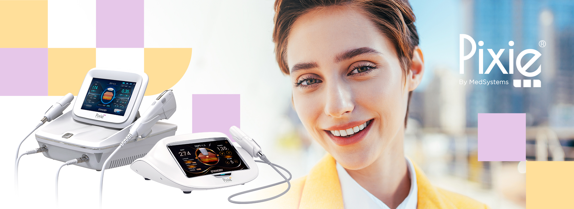 Dispositivo Pixie Ultrassom com tela touchscreen, ideal para tratamentos estéticos como redução de gordura e rejuvenescimento facial, ao lado de uma mulher com pele radiante.