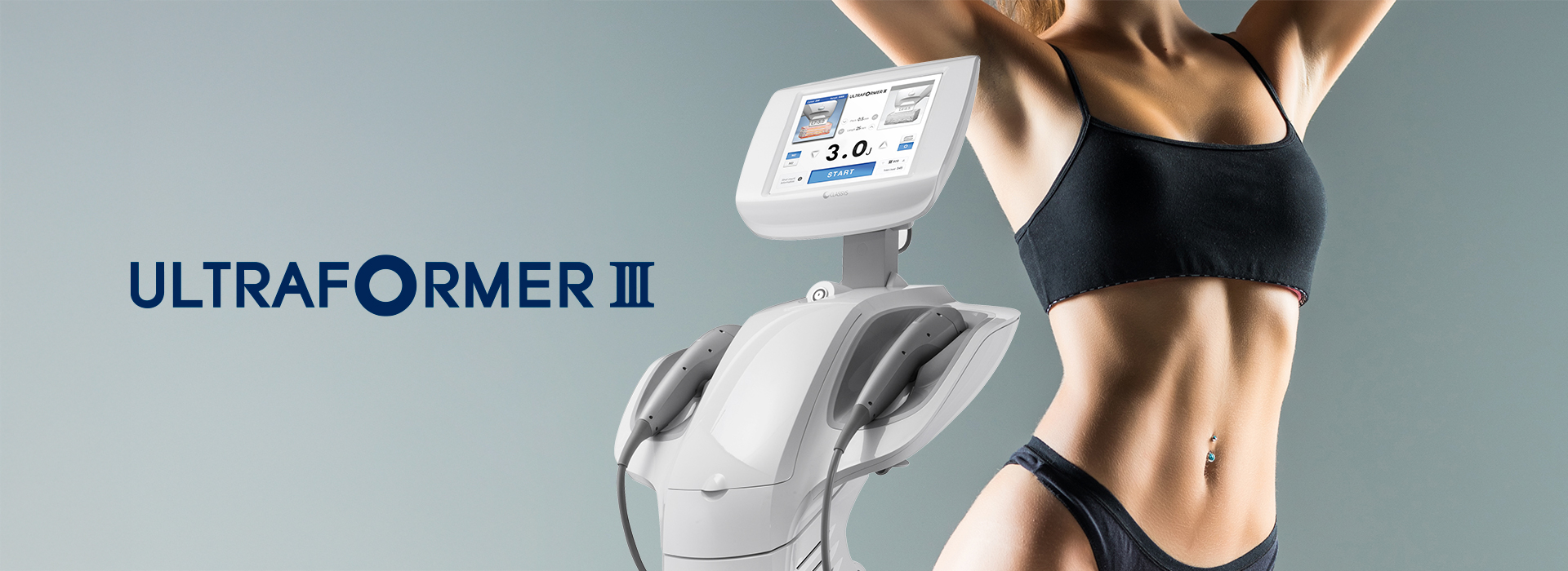 Ultraformer III ao lado de uma mulher com pele firme, destacando os benefícios do tratamento de flacidez e contorno corporal.