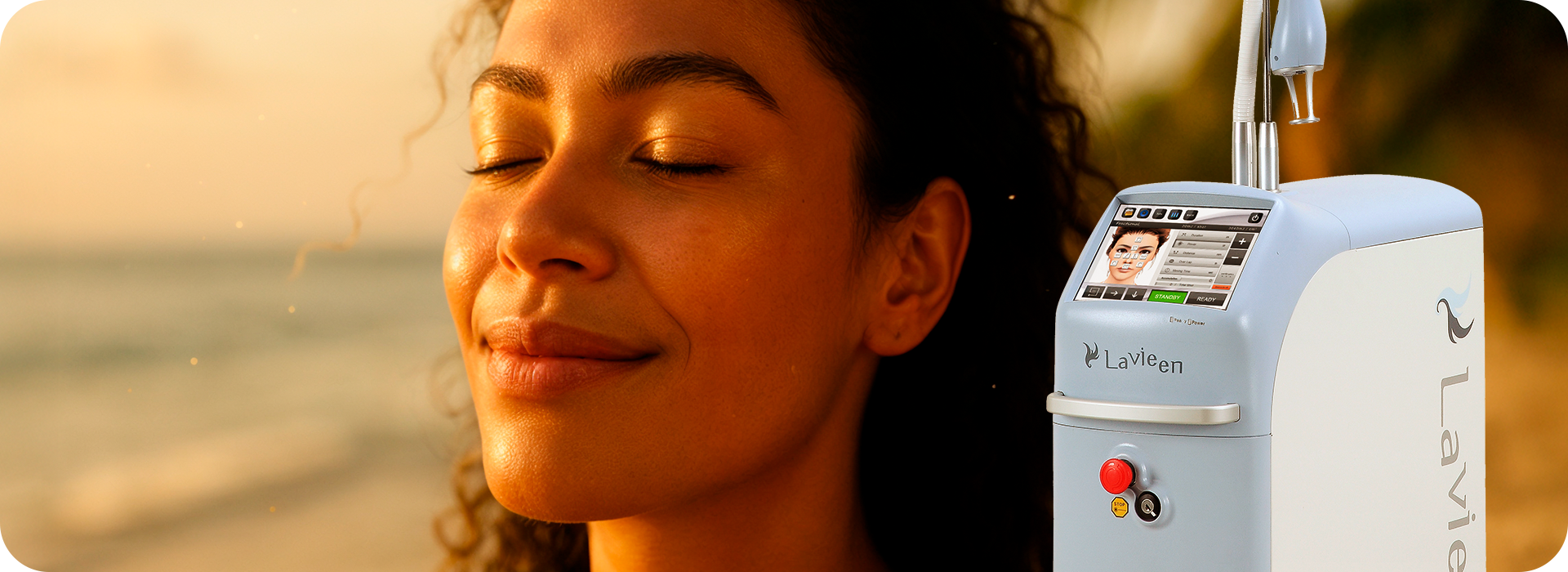 Mulher com pele iluminada e sorridente ao pôr do sol ao lado do Lavieen laser de Thulium, tecnologia estética para rejuvenescimento.